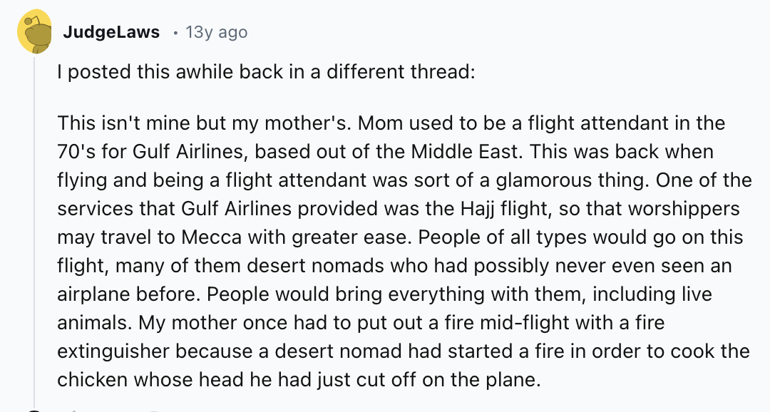 screenshot - JudgeLaws . 13y ago I posted this awhile back in a different thread This isn't mine but my mother's. Mom used to be a flight attendant in the 70's for Gulf Airlines, based out of the Middle East. This was back when flying and being a flight a